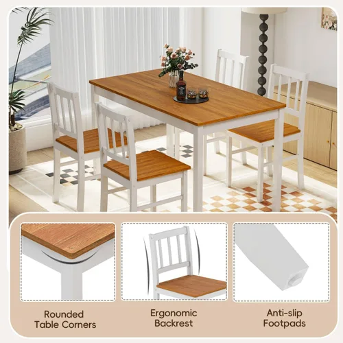 Miniatura 4 de Juego de mesa de comedor de 5 piezas para 4, juego de mesa de cocina rectangular de madera maciza con 4 sillas, juego de comedor de madera que