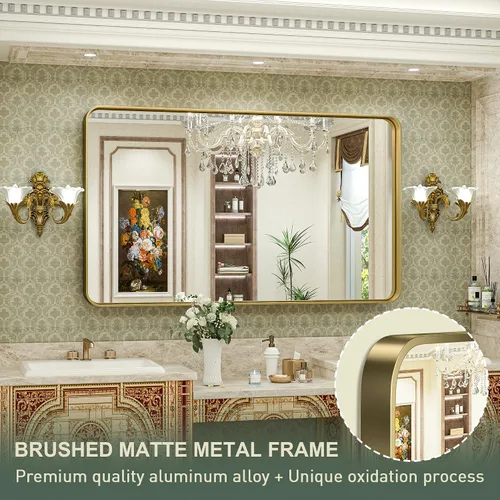 Miniatura 3 de TokeShimi Espejo de baño dorado para pared, de 48 x 30 pulgadas, espejo rectangular de esquina redondeada de metal, espejo de pared en aleación