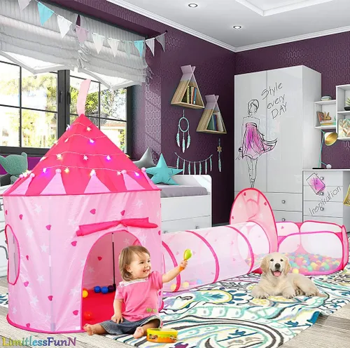Miniatura 2 de Tienda de campaña para niños, túnel de gateo, pozo de pelotas y luces, casa de juegos para niños, rosa