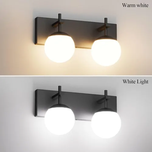Miniatura 2 de Ralbay Lámpara de pared de baño negra mate, 2 luces, iluminación moderna de mediados de siglo, luz de tocador de globo de vidrio lechoso negro