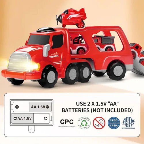 Miniatura 8 de MindPal Camión de Bomberos de Juguete para Niños Pequeños de 3 4 5 6 7 Años, Set de Vehículo Transportador de Camión de Bomberos 8-en-1 para Niños