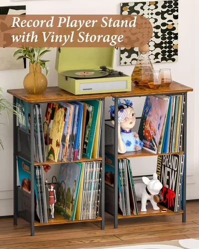 Miniatura 3 de Honkazita Soporte para tocadiscos de 3 niveles, almacenamiento de discos de vinilo hasta 200 álbumes, mesa para tocadiscos con parte superior