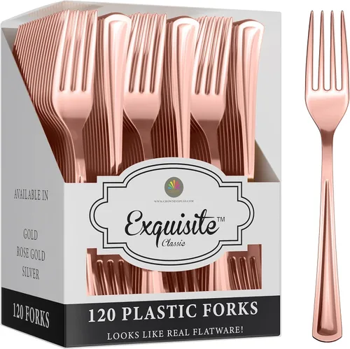 Miniatura 8 de Exquisite Juego de cubiertos de plástico dorado, 120 piezas de cubiertos de plástico dorado, desechables, tenedores desechables, juego de cubiertos