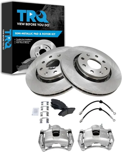 TRQ Kit de pastillas de freno delantero y rotor, pinza de freno, manguera de freno, pastillas de freno, rotor de freno semimetálico, compatible con