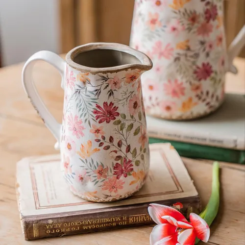 Jarrón de cerámica vintage colorido con flores de margaritas con asa, jarra pitcher retro con esmalte agrietado estilo granja para decoración del