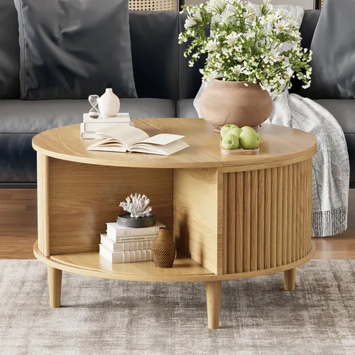 Miniatura 3 de Mesa auxiliar con tapa elevable y almacenamiento, mesa central redonda acanalada con puerta de armario deslizante, mesa pequeña circular para sala