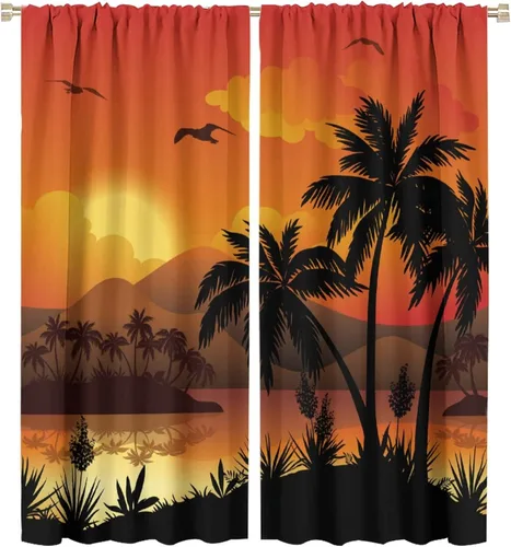 Miniatura 30 de Cortinas de playa con estampado de plantas tropicales y árboles de coco, paisaje natural, con bolsillo para barra, 2 paneles, decoración