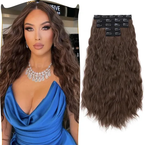 Miniatura 9 de S-noilite Extensiones de cabello sintético con clip de 24 pulgadas, 5 unidades, ondas sueltas, extensiones de cabello sintético grueso y natural