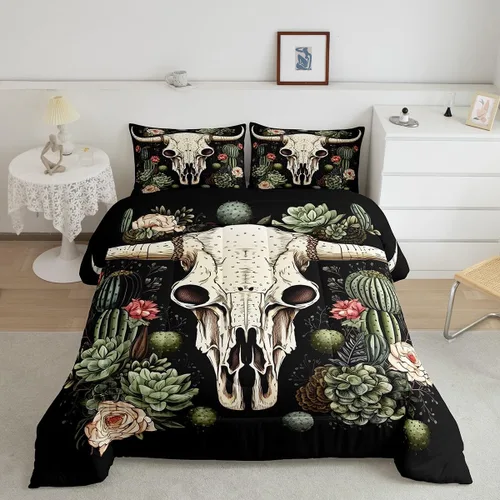 Miniatura 2 de Erosebridal Juego de ropa de cama de calavera de vaca bohemia tamaño individual para vaquero occidental, diseño de cactus y esqueletos negros, juego