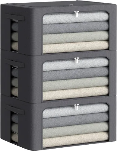Miniatura 10 de Paquete de 3 cajas de almacenamiento con marco, bolsas de almacenamiento de ropa, tela Oxford, plegable, apilable, juego organizador con ventana