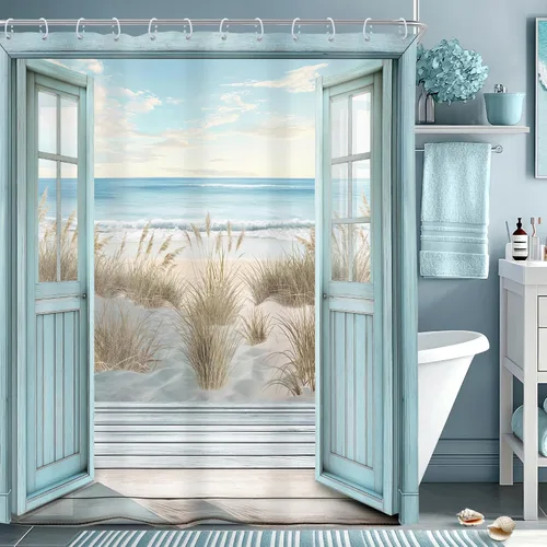 Miniatura 19 de Riyidecor Cortina de ducha con diseño de tortuga marina, playa, océano, náutico, versículo bíblico náutico, pez azul cristiano, conchas marinas