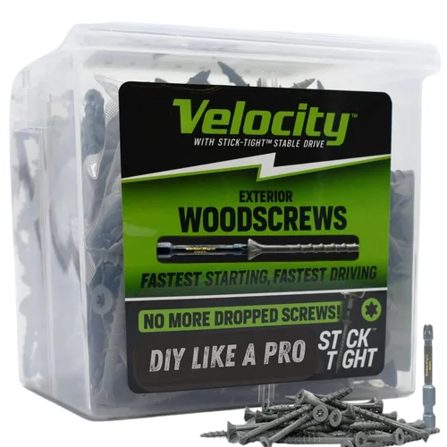 Miniatura 10 de Velocity - Tornillos para madera exteriores 1 1/2 y puntas Torx T20 (talla #8), tecnología adherente, fabricado con acero al carbono, incluye broca