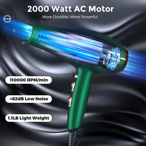 Miniatura 2 de Secador de pelo iónico negativo de 2000 W, secador profesional de peluquería, secado rápido de bajo ruido, potente motor de CA y peine difusor