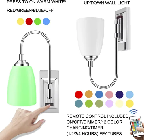 Miniatura 4 de HONWELL Lámpara de pared LED que funciona con pilas, para interiores, inalámbrica, 2 unidades, 2 unidades, control remoto, multicolor, aplique