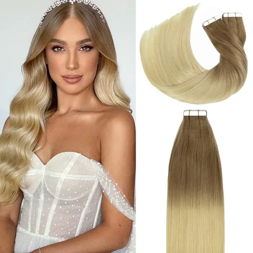 Miniatura 20 de Lacer Extensiones de cabello humano Remy con cinta, 20 piezas, 1.76 oz, extensiones de cabello humano con cinta color marrón chocolate a rubio