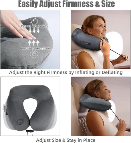 Miniatura 5 de Almohada inflable para el cuello de viaje para aviones, soporte de cuello de terciopelo súper suave, firmeza ajustable, almohada inflable