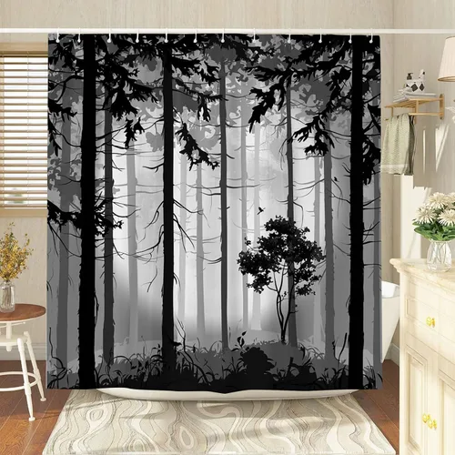 Miniatura 2 de Cortina de ducha de luna llena de bosque brumoso, árbol blanco y negro, niebla, abstracto, gótico, naturaleza, gris, granja, tela de poliéster