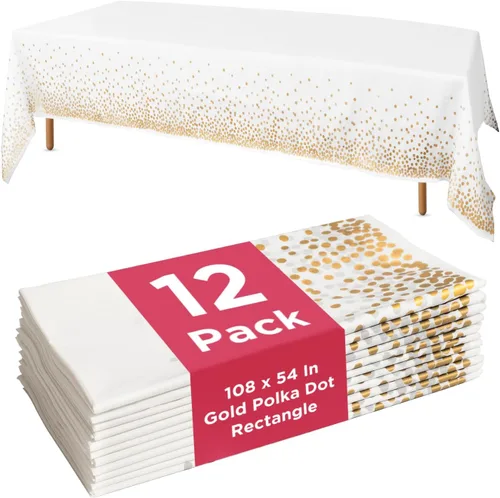 Miniatura 9 de Prestee Paquete de 4 manteles rectangulares dorados y negros de 54 x 108 pulgadas, manteles de plástico desechables para fiestas, comedor y eventos