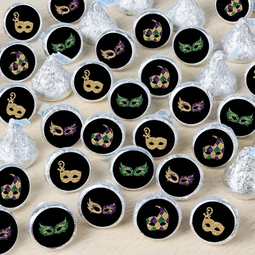 Miniatura 6 de Big Dot of Happiness Mardi Gras - Calcomanías redondas para fiesta de máscaras, etiquetas para dulces de chocolate (1 hoja de 108)