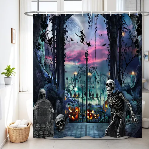 Miniatura 10 de Renaiss Cortina de ducha de Halloween de 60 x 72 pulgadas para decoración de Halloween, divertido esqueleto para el hogar, espeluznante calabaza