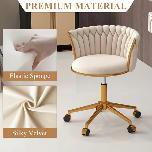 Miniatura 5 de ABET - Silla de tocador con ruedas, pequeña silla de oficina de terciopelo, taburete de maquillaje semi-circular tejido a mano para mujeres