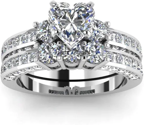 Miniatura 6 de LOVERSRING Juego de 3 anillos para parejas para él y para ella para mujer chapado en oro blanco corazón y titanio anillo de boda