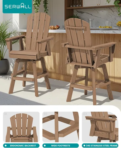 Miniatura 4 de SERWALL Silla de bar Adirondack giratoria de HDPE, silla Adirondack giratoria para balcón, taburetes de bar de altura de barra al aire libre