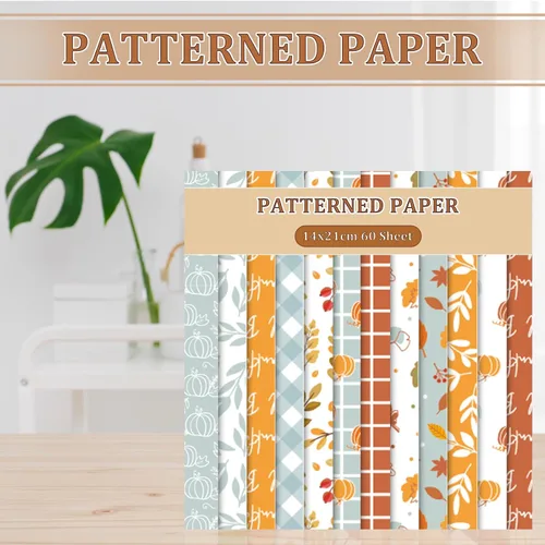 Miniatura 4 de Whaline 60 piezas de papel con patrón de otoño, hojas de otoño, calabaza, a cuadros, ondas, papel para manualidades, naranja, azul, hojas A5