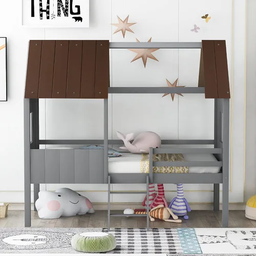 Miniatura 3 de Quarte Fun House - Cama con techo y dos ventanas laterales, cama baja de madera tamaño individual con escaleras pequeñas y barandilla, para niños