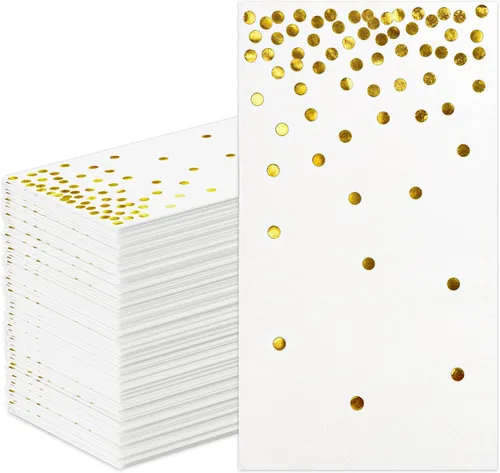 DYLIVeS Paquete de 100 servilletas de papel de aluminio blanco y dorado con confeti de lunares, toallas de mano desechables de Navidad, servilletas