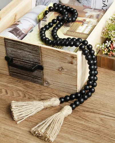 Miniatura 3 de Guirnalda de cuentas de madera de 58 pulgadas con borlas, decoración rústica de granja, decoración de oración bohemia para colgar en la pared (negro)
