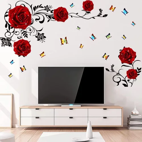Supzone Calcomanías de pared de rosas rojas, arte mural de vinilo para dormitorio, sala de estar, telón de fondo de sofá y decoración de pared de TV
