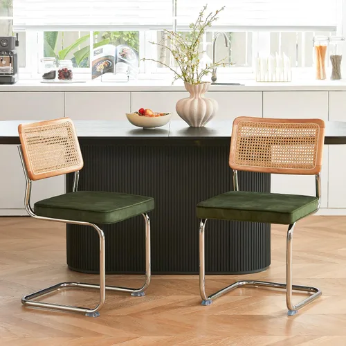 Miniatura 10 de GrandNoor Juego de 2 sillas de comedor de ratán negro con cromo, sillas de cocina de madera modernas de mediados de siglo, sillas de comedor