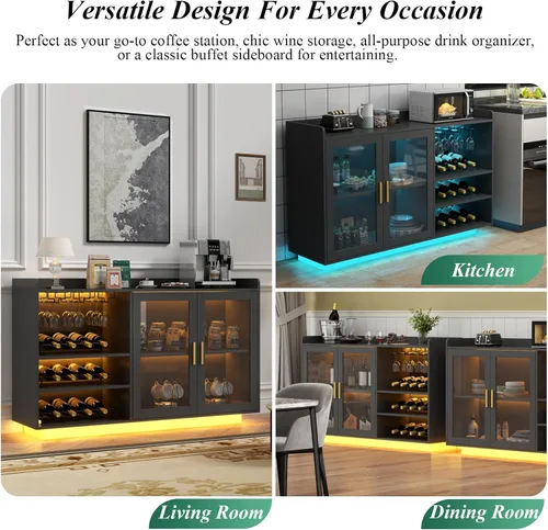 Miniatura 7 de Gabinete de barra de vino Loomie con luces LED, barra de café flotante con estante de vidrio y estantes de vino removibles, aparador buffet moderno