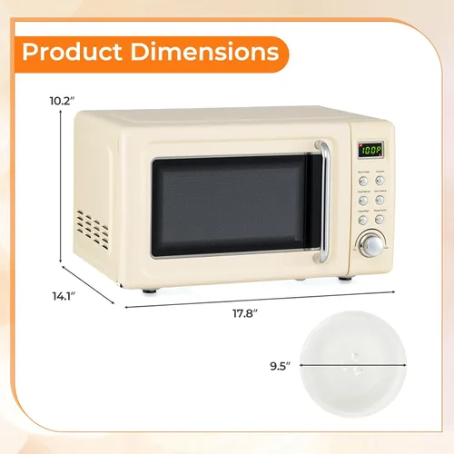 Miniatura 8 de SIMOE Horno microondas retro crema, 0.7 pies cúbicos microondas compacto de encimera, microondas pequeño de 700 W con pantalla LED, bloqueo