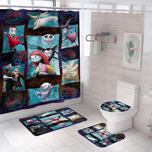 Miniatura 10 de Juego de 4 cortinas de ducha de Navidad para niños, decoración de Halloween con 12 ganchos de cortina para baño, impermeable, 71 x 71 pulgadas (D13)