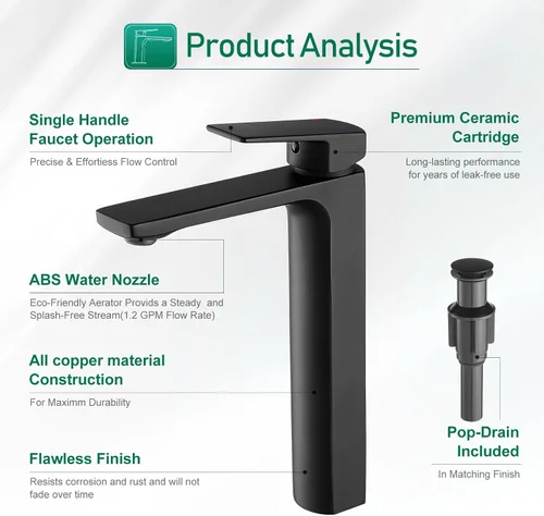 Miniatura 5 de VOTON Grifo de lavabo de recipiente, grifo de baño alto negro mate, grifo de lavabo de una sola manija, grifo mezclador de lavabo de 1 orificio
