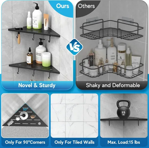 Miniatura 5 de Estantes esquineros de ducha, estante empotrado de acero inoxidable 304 negro mate de 10 pulgadas para baño, estante de lechada con ganchos