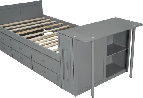 Miniatura 8 de Cama de plataforma de tamaño individual con nido y 3 cajones, escritorio pequeño, cama individual con gabinete extraíble y estantes