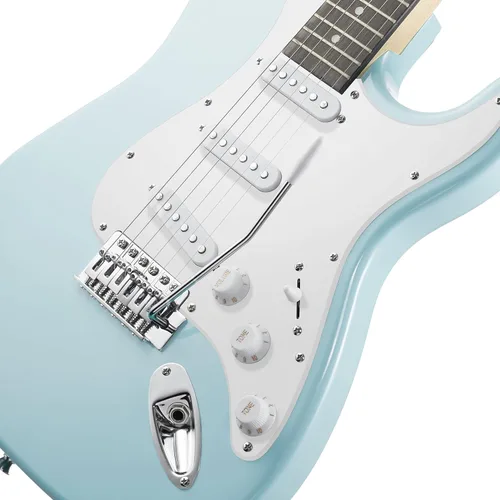 Miniatura 3 de Ashthorpe - Guitarra eléctrica de 39 pulgadas (azul cielo y plateado), kit de guitarra de tamaño completo con bolsa acolchada, barra de trémolo
