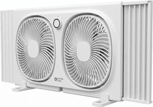 Comfort Zone CZ329WT Ventilador de ventana doble de 9" con ventiladores giratorios de 180°, 2 velocidades, pantalla anti-insectos de plástico