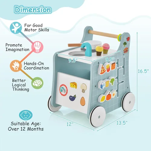 Miniatura 7 de HONEY JOY Andador de empuje para bebés, centro de actividades de madera 6 en 1 con clasificador de formas y pizarra, desarrolla habilidades motoras