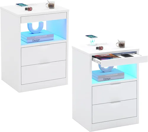 Miniatura 14 de ADORNEVE Mesita de noche LED negra con estación de carga inalámbrica, 2 cajones, moderna mesa auxiliar de dormitorio con luces LED, mesa de noche