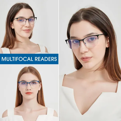 Miniatura 3 de Gafas de lectura multifocales para mujer, progresivas multifocales, luz azul, lector de computadora, ojo de gato, metal, medio marco, sin línea