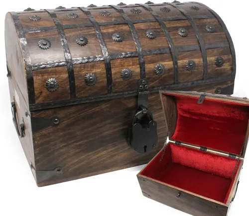 Miniatura 8 de Nautical Cove Cofre del tesoro de madera con forro acolchado de terciopelo y cerradura antigua con llaves de esqueleto (pequeño 8 x 6 x 6) – Cofre
