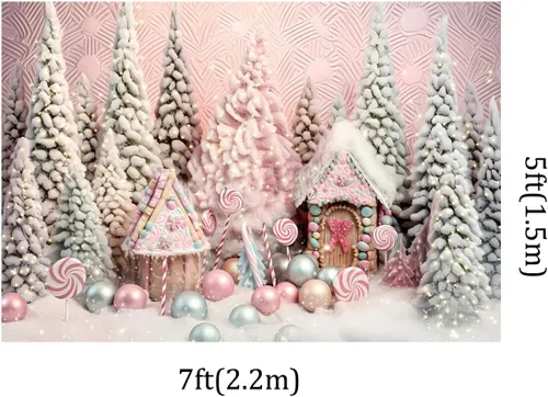 Miniatura 2 de Kate Decoración interior del árbol de Navidad de 7 x 5 pies Fondos de fotografía de pan de jengibre Candy House Pink Christmas Party Theme Kids