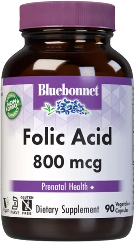 BlueBonnet Nutrición ácido fólico 800mcg, desarrollo neurológico saludable*, sin soja, sin gluten, sin OMG, certificado Kosher, sin lácteos, vegano,