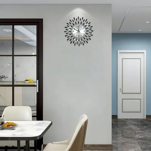 Miniatura 3 de Reloj de pared de 19.7 pulgadas, negro, para decoración de sala de estar, esfera de pétalos de metal silenciosa sin tictac, grandes relojes de pared