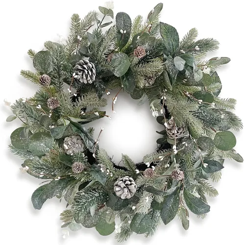 Corona de invierno verde de 22 pulgadas, cono de pino artificial y corona de puerta delantera de acebo para decoración de Navidad de granja interior
