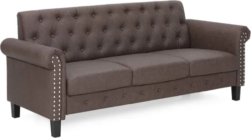 Furinno Bastia - Sofá de 3 plazas estilo vintage y moderno Chesterfield con botones para sala de estar, piel sintética marrón